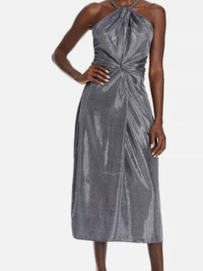 Ramy Brook Dina  Metallic Silver Halter Twist Midi Dress